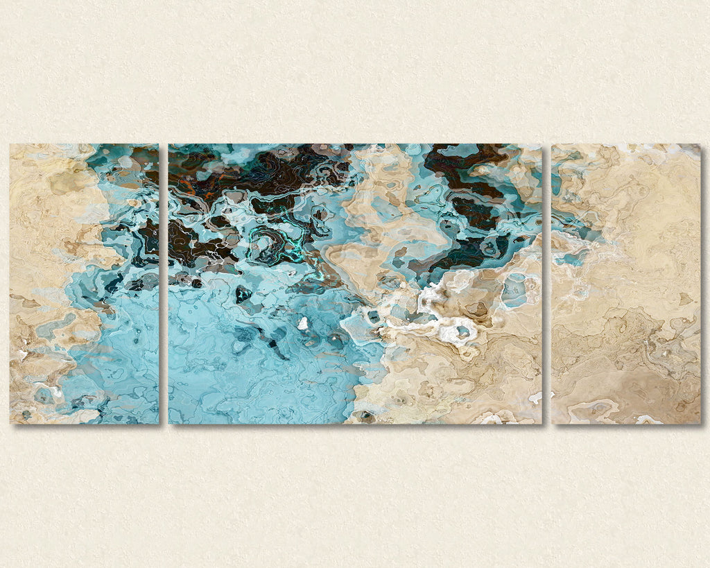 Abstract art triptych canvas print, 30x72 to 40x90  Aqua, Beige, Dark Brown Black