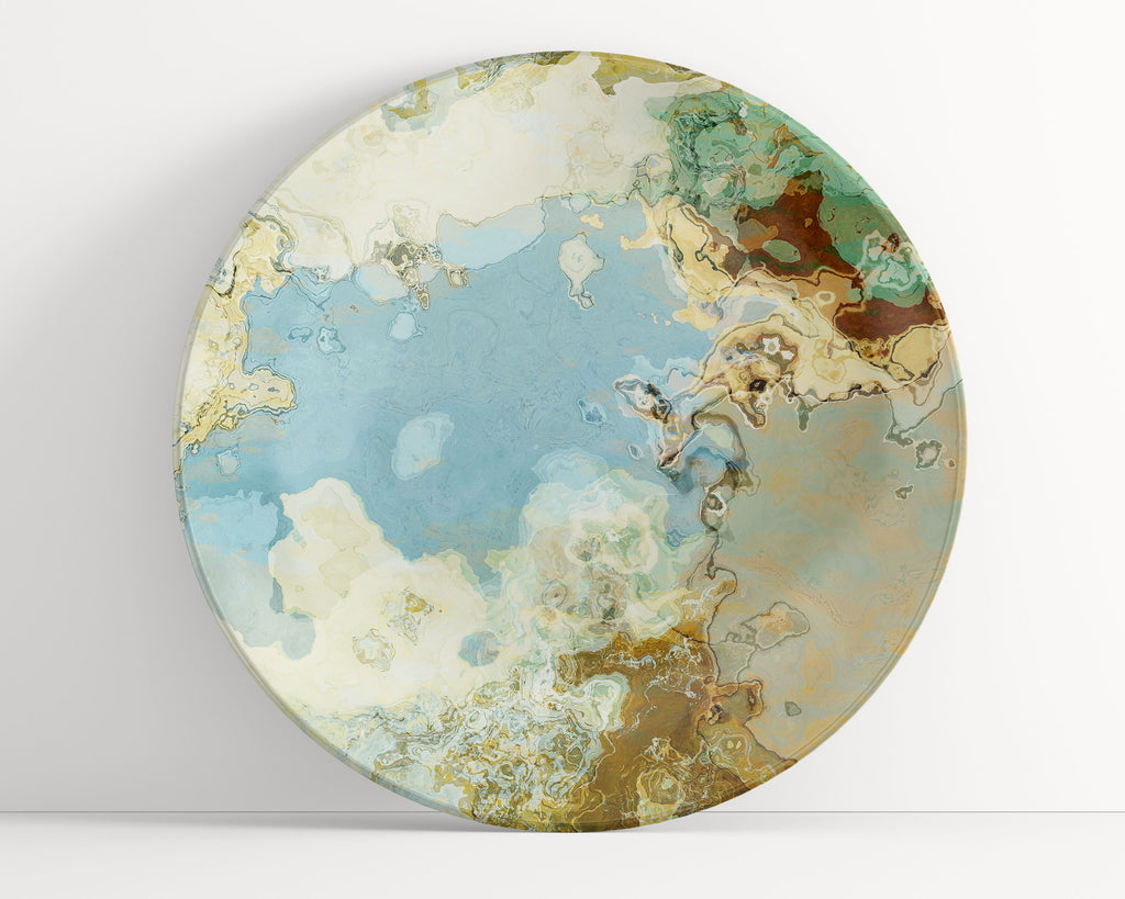 Abstract art outdoor Plate, unbreakable microwave safe tableware Spring Green, Light Cornflower Blue, Cream, Harvest Gold, Brown