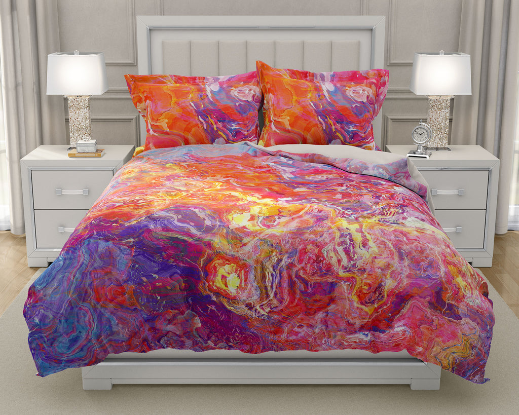 Duvet Cover with abstract art, king or queen in Orange, Hot Pink, Blue
