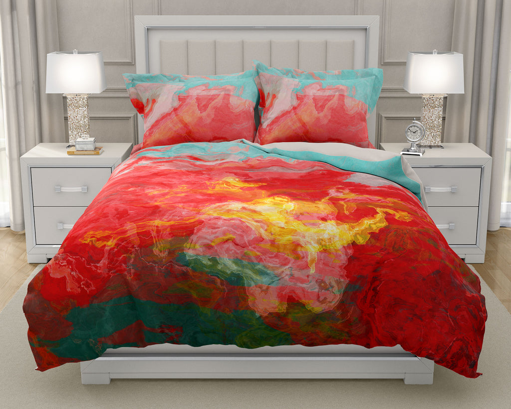 Duvet Cover with abstract art, king or queen in Red, Aqua, Yellow