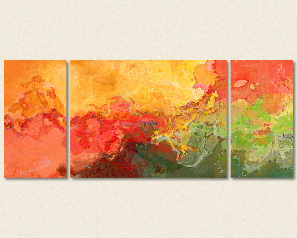 Abstract art triptych canvas print in red, yellow, green