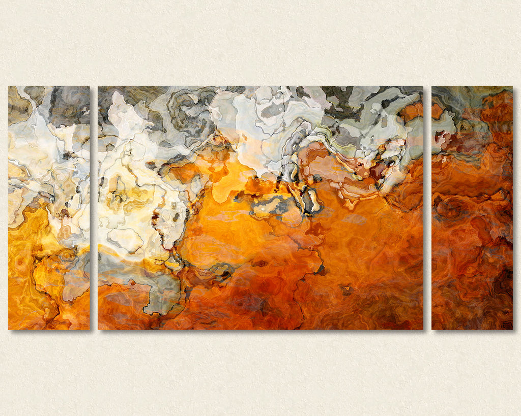 Abstract art triptych canvas print in orange, gray and white