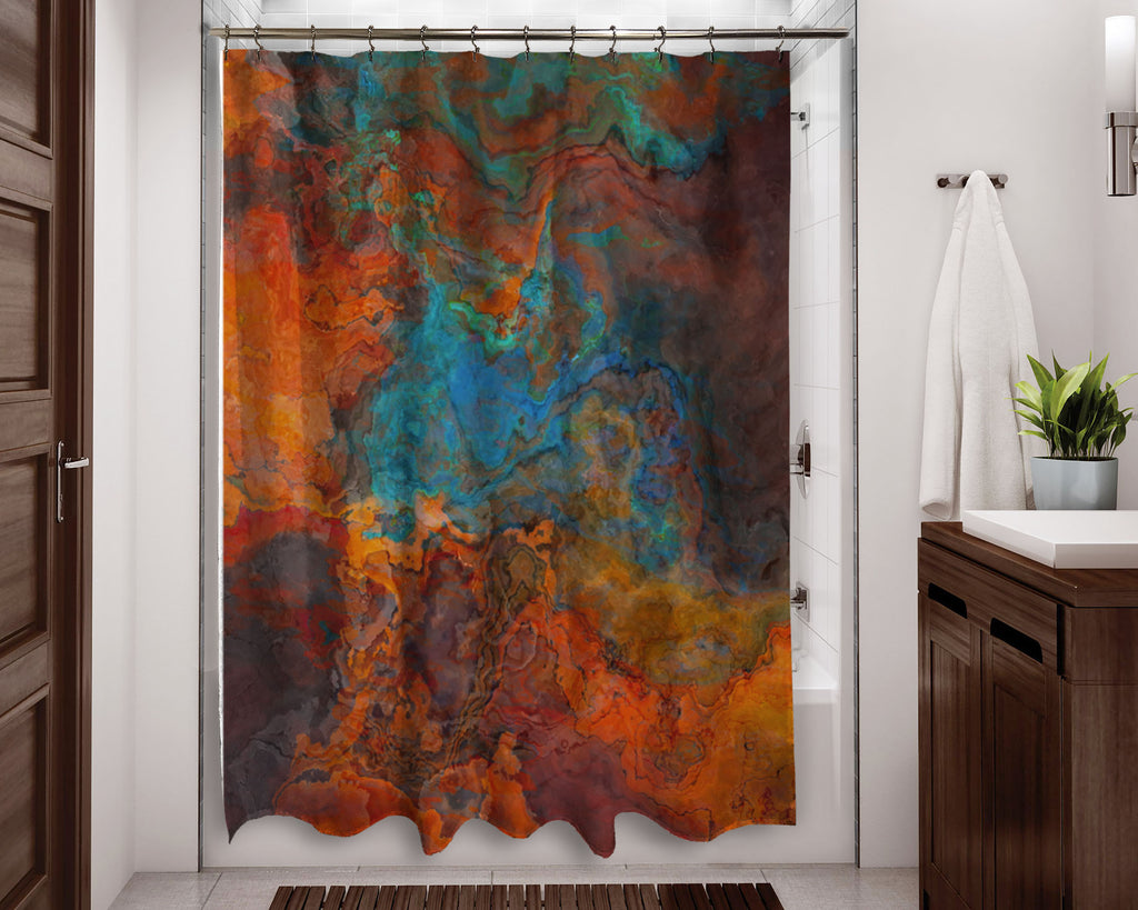 Abstract shower curtain Orange, Brown, Turquoise, contemporary bathroom