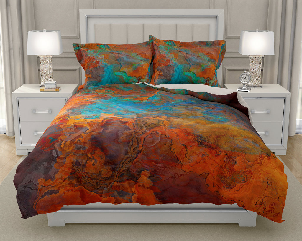 Duvet Cover with abstract art, king or queen in Orange, Brown, Turquoise