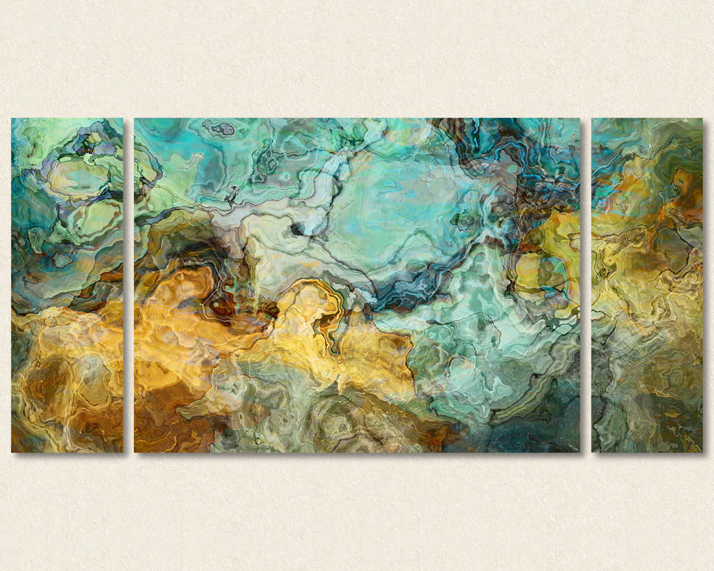 Abstract art triptych canvas print in blue, green and brown