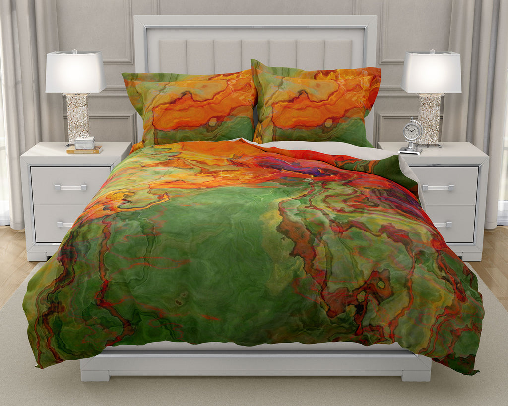 Duvet Cover with abstract art, king or queen in orange, red, green