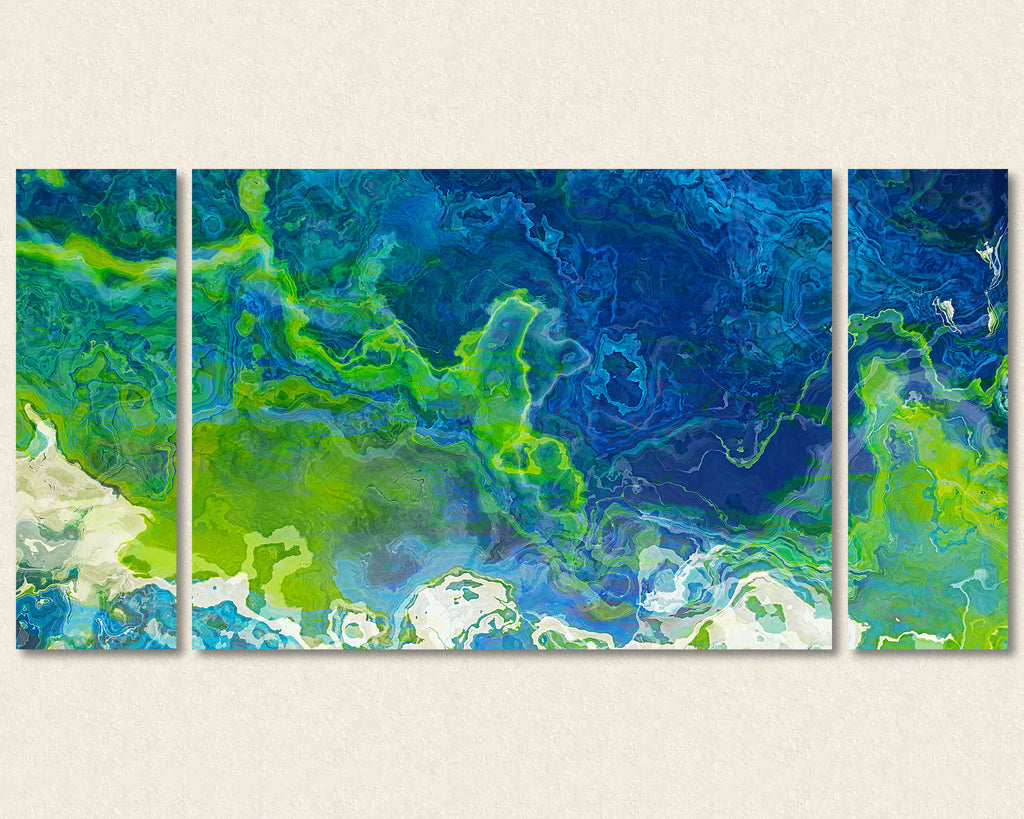Abstract art triptych large canvas print in blue, green and white