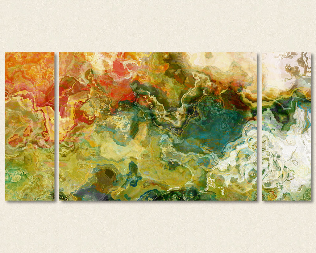 Abstract art triptych canvas print in Olive, Green, Red, Beige 