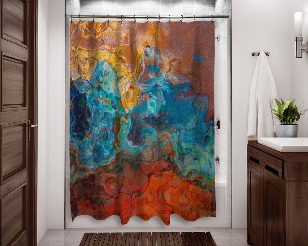 Abstract shower curtain Red, Blue, Yellow contemporary bathroom