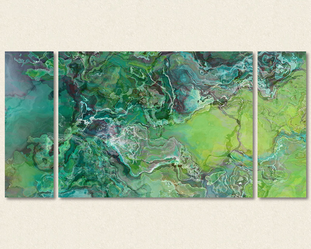 Abstract art triptych canvas print in Aqua Blue and Lime green