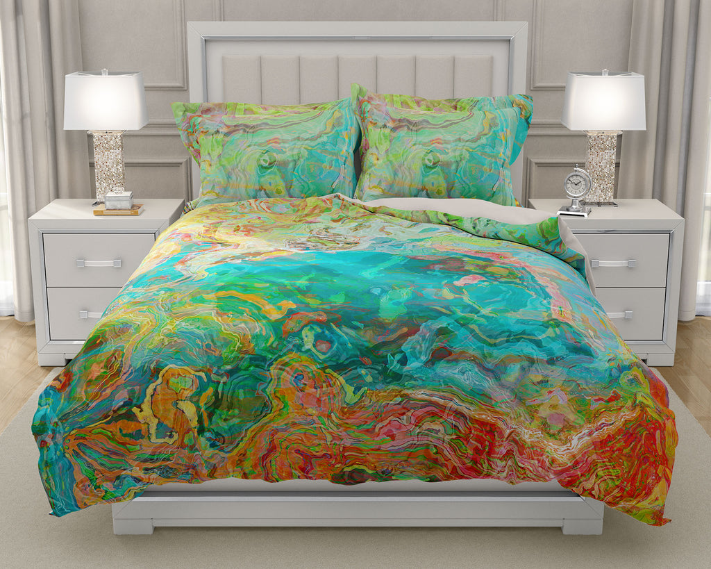 Duvet Cover with abstract art, king or queen in aqua, yellow, red