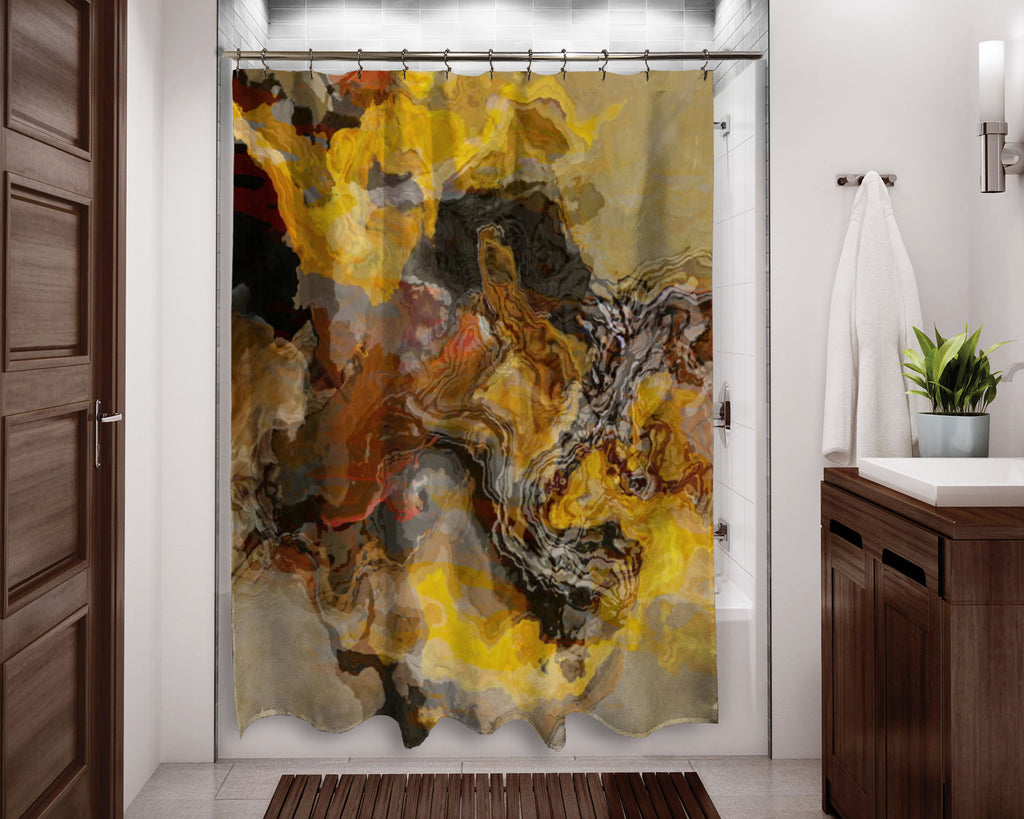 Abstract shower curtain brown, yellow, rust, contemporary bathroom