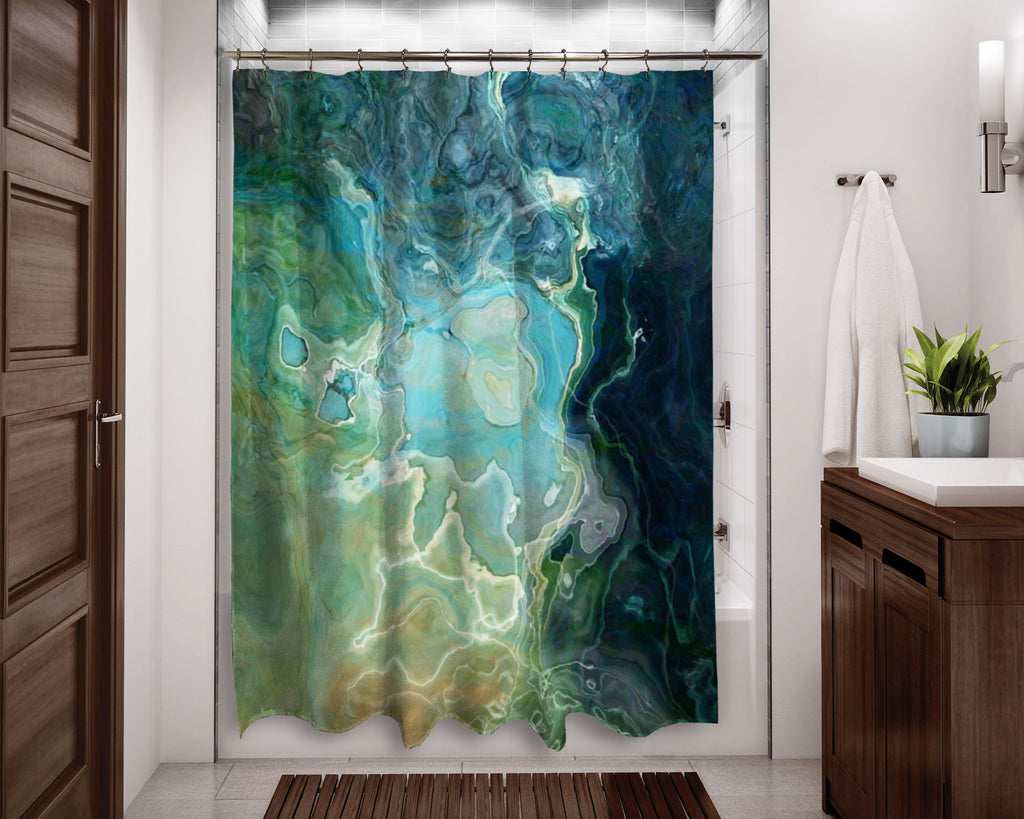 Abstract shower curtain Blue, Aqua, Green, Navy, contemporary bathroom