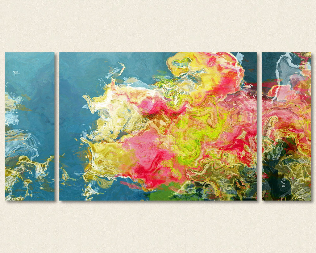 Triptych abstract expressionism canvas print art in pink and green