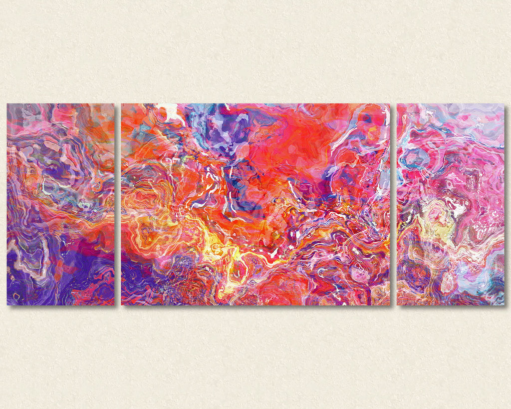 Abstract art triptych canvas print in Orange, Hot Pink, Blue, Purple