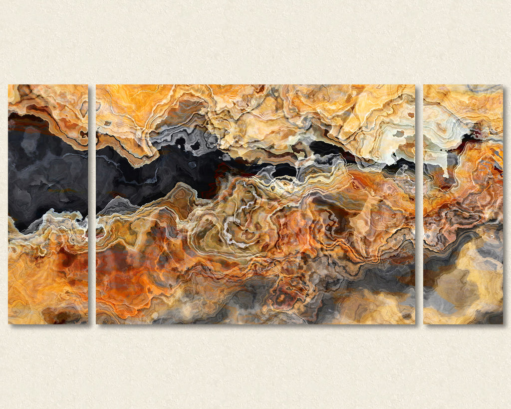 Abstract art triptych canvas print in Black, Orange and Beige