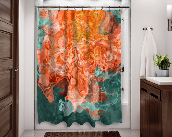 Abstract art shower curtain, Coral, Blue-Green, Green, Golden