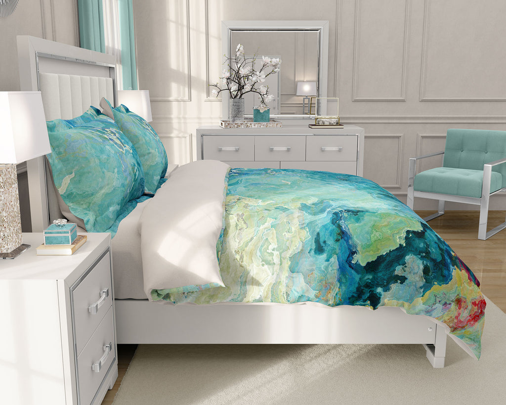 Duvet Cover with abstract art, king or queen Aqua, Blue Green, Cream