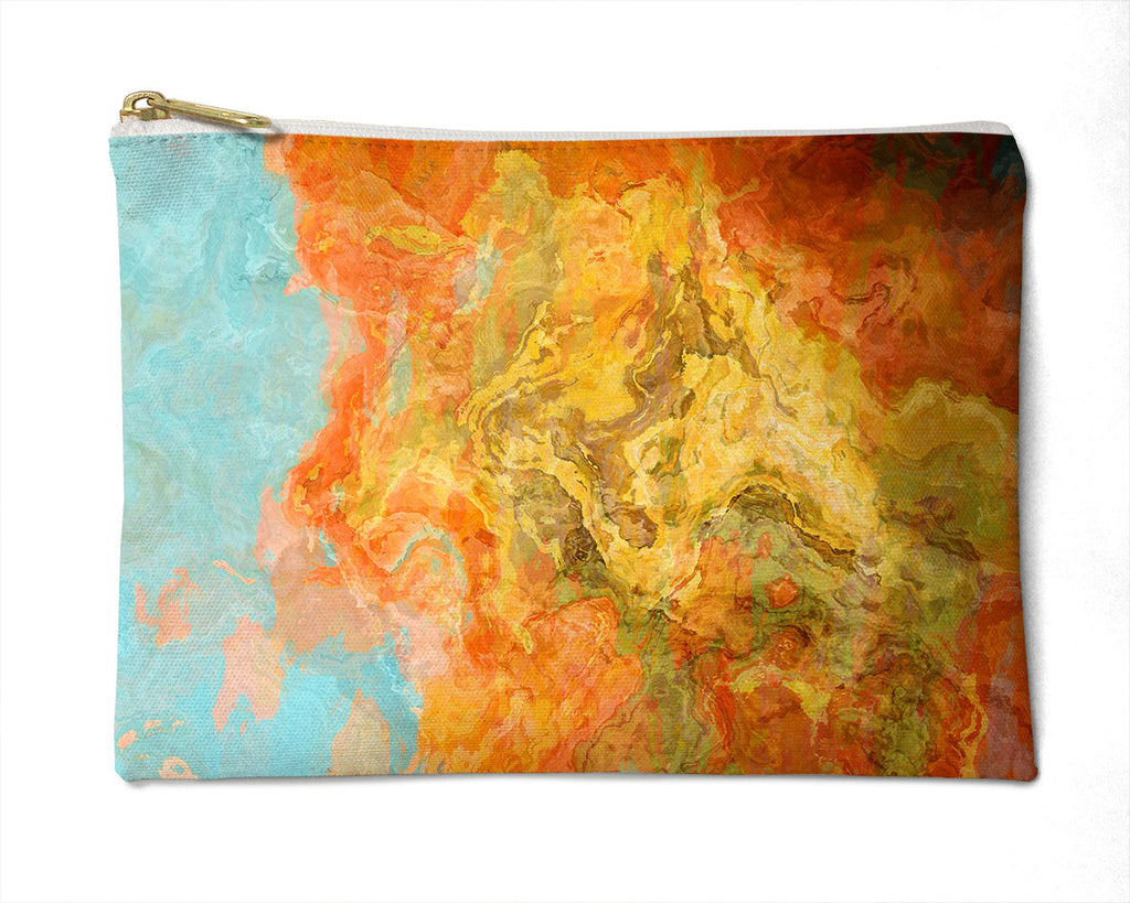 Cosmetic bag with abstract art, in orange and aqua, Electric Illusion