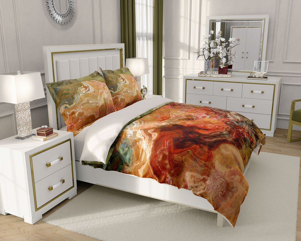 Duvet Cover with abstract art, king or queen in rust, brown and olive 