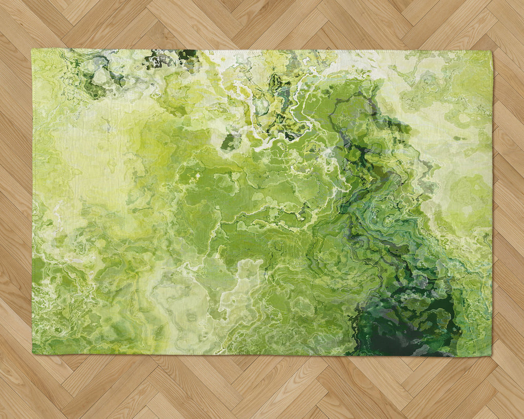 Area Rug with Abstract Art, 2x3 to 8x10, in green and lemon yellow