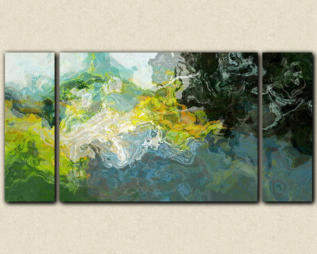 Large triptych abstract canvas print with gallery wrap in blue and green