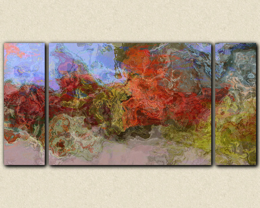 Oversize triptych abstract canvas print earthy red blue and green