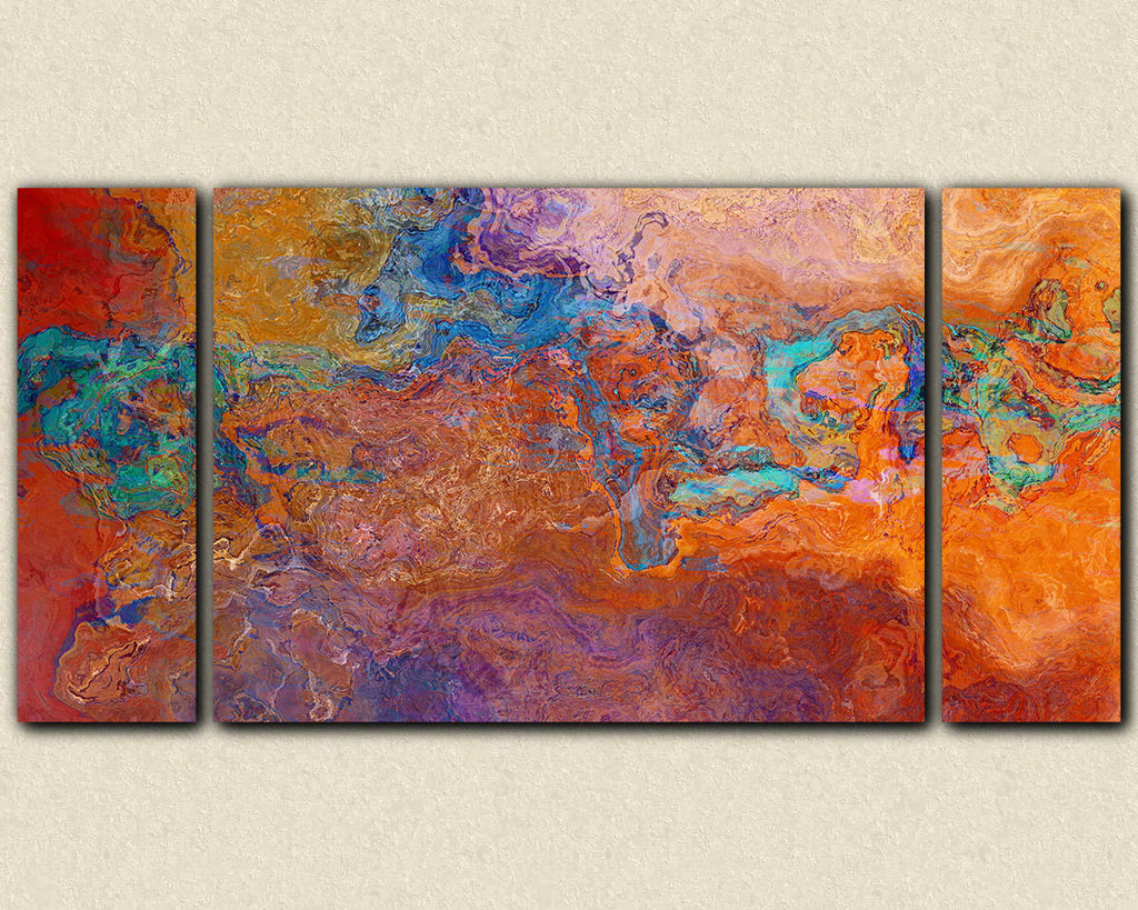 Large contemporary triptych canvas print in rust, copper and turquoise