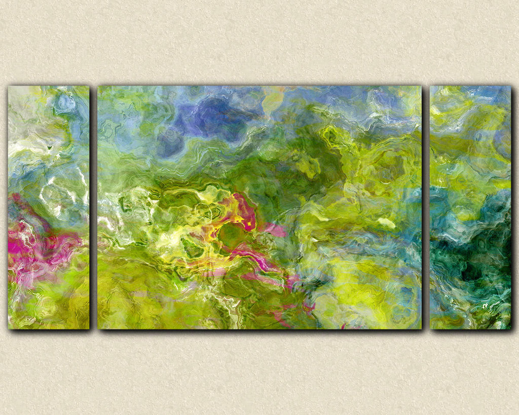 Large triptych abstract expressionism green stretched canvas print