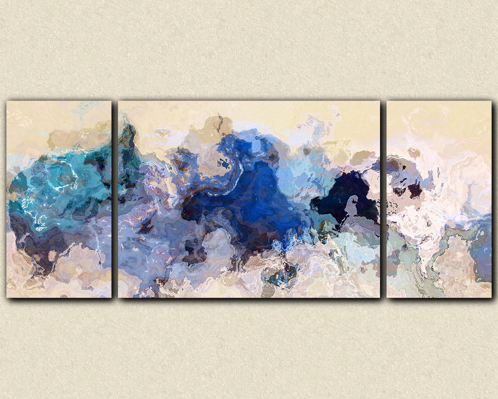 Large abstract expressionism triptych canvas print, blue, gray, cream