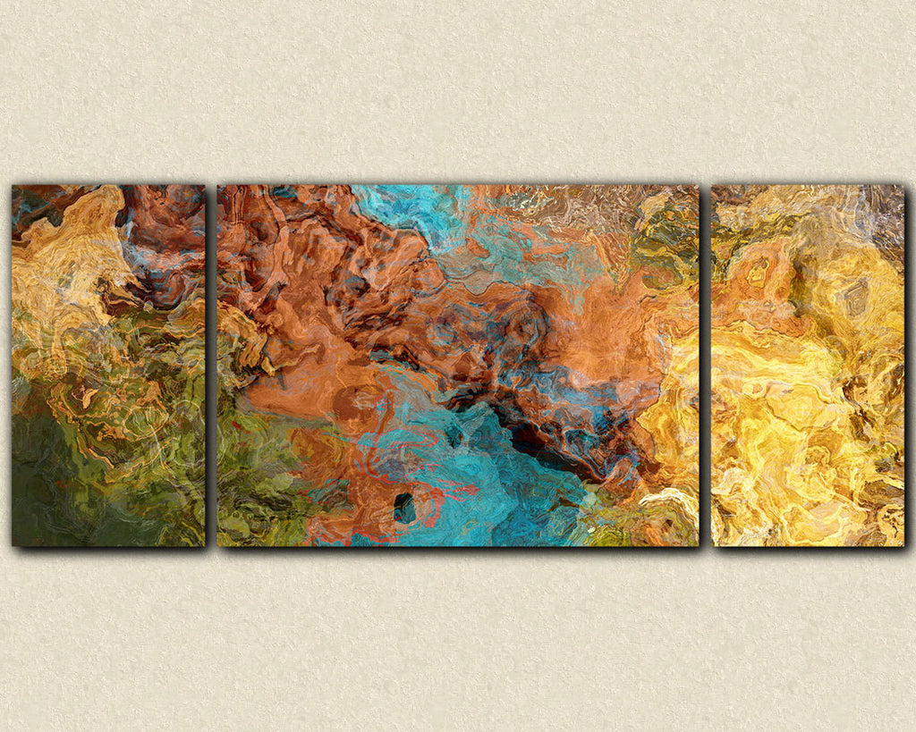 Very large triptych art canvas print brown olive yellow and turquoise