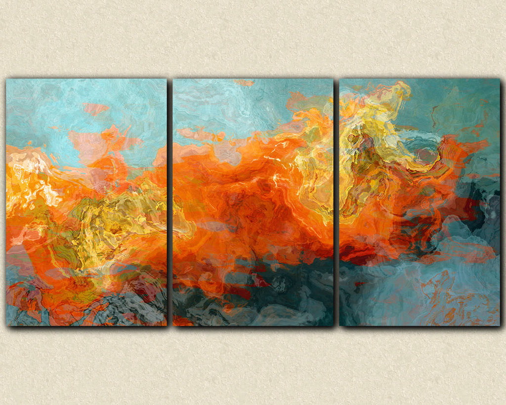 Extra Large Abstract Art Canvas Print Triptych Orange yellow blue