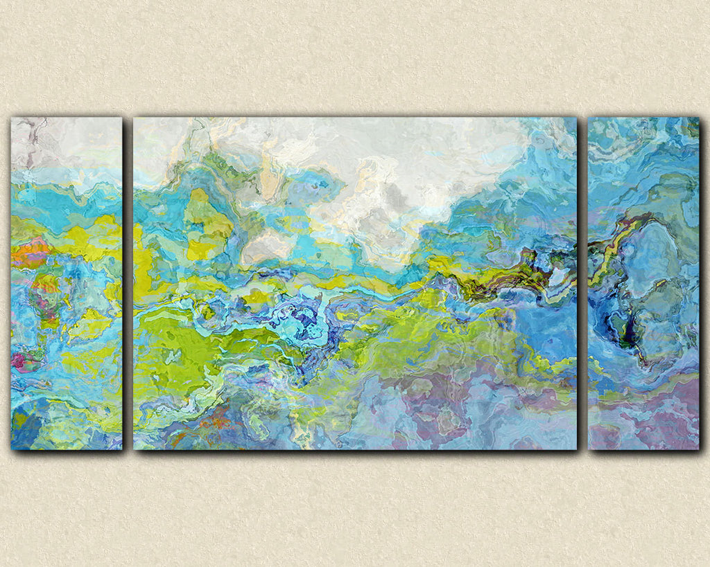 Triptych contemporary abstract expressionism canvas print blue green