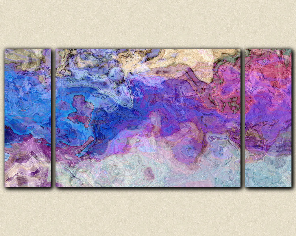 Triptych abstract art canvas print stretched canvas in purple and blue