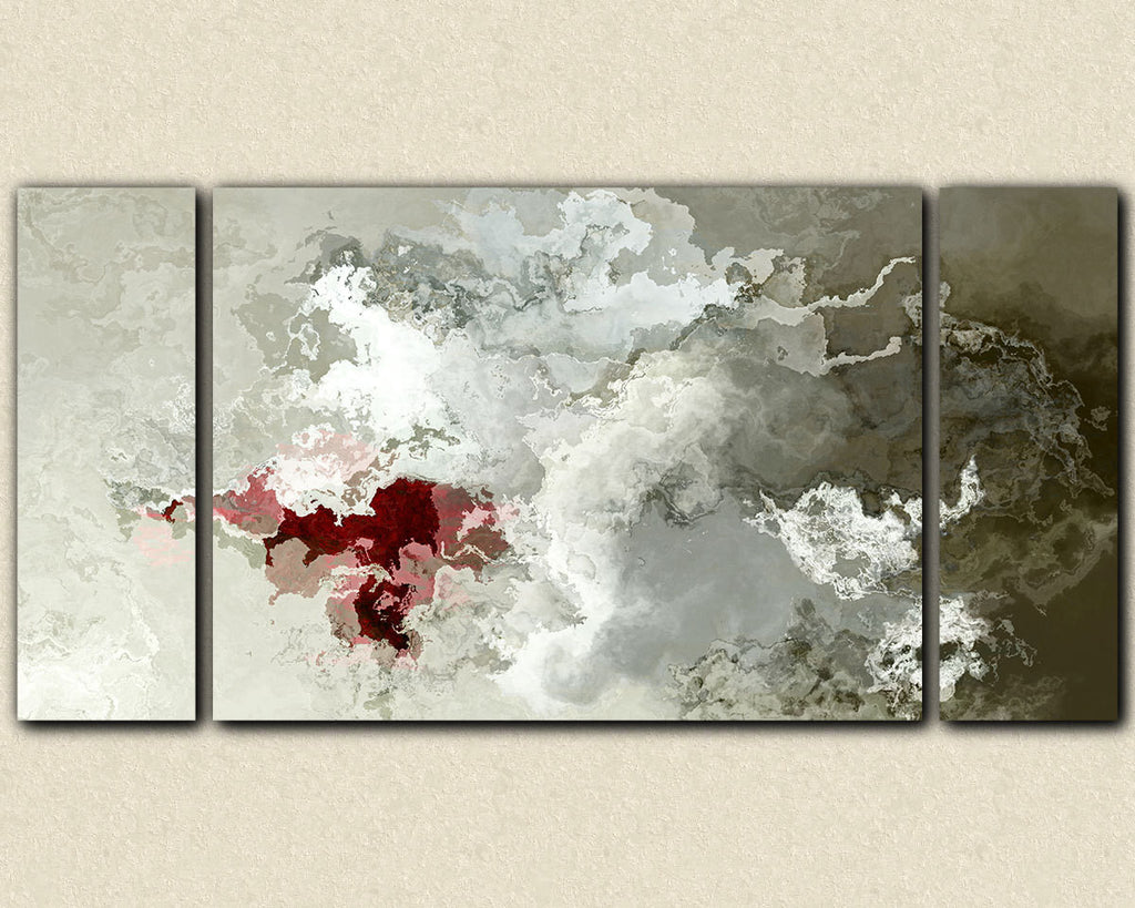 Large triptych abstract expressionism stretched canvas print in neutral tones with red