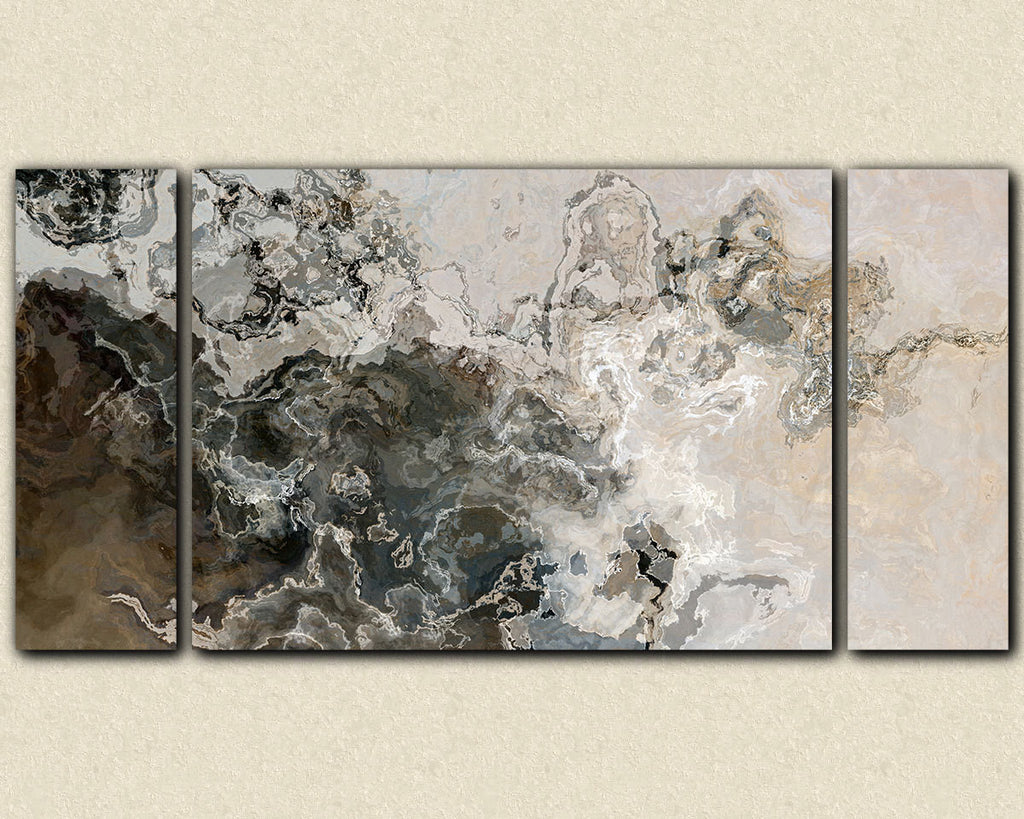 Large modern art abstract triptych canvas print in neutral warm gray