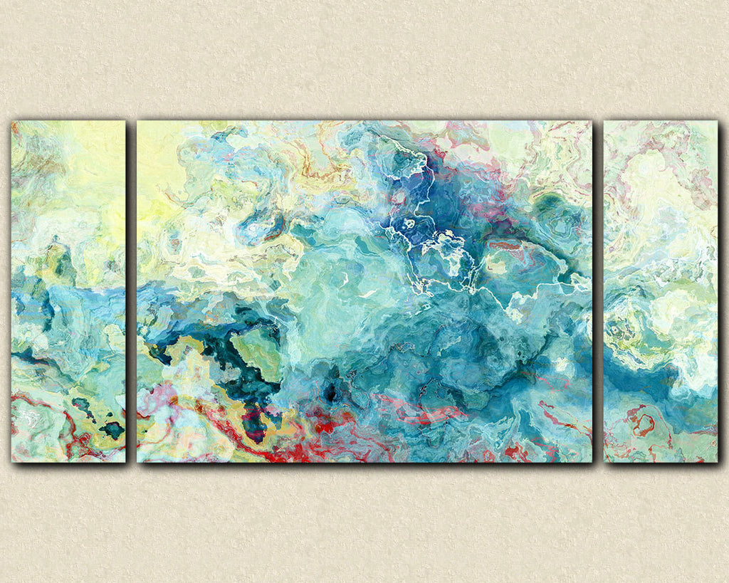 Oversize triptych abstract art stretched canvas print, aqua and cream