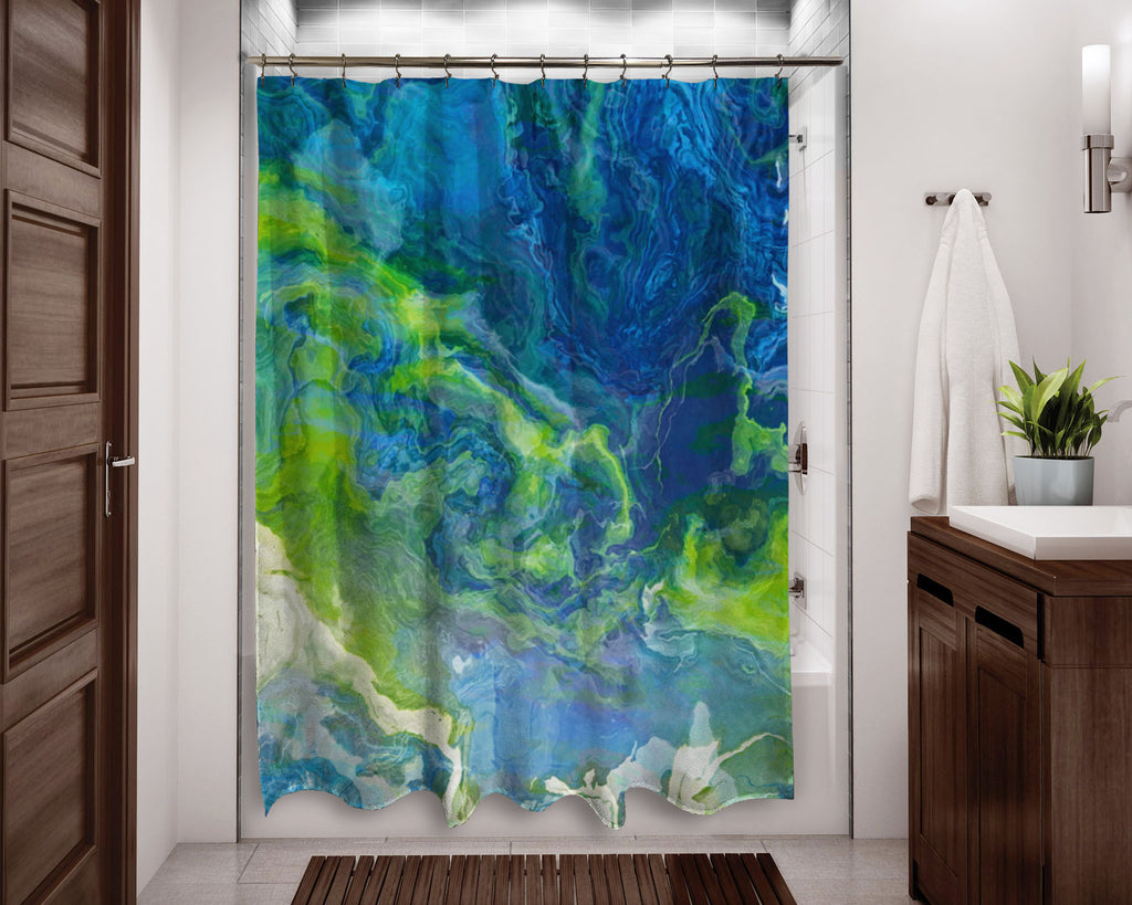 Abstract shower curtain blue, green and white contemporary bathroom