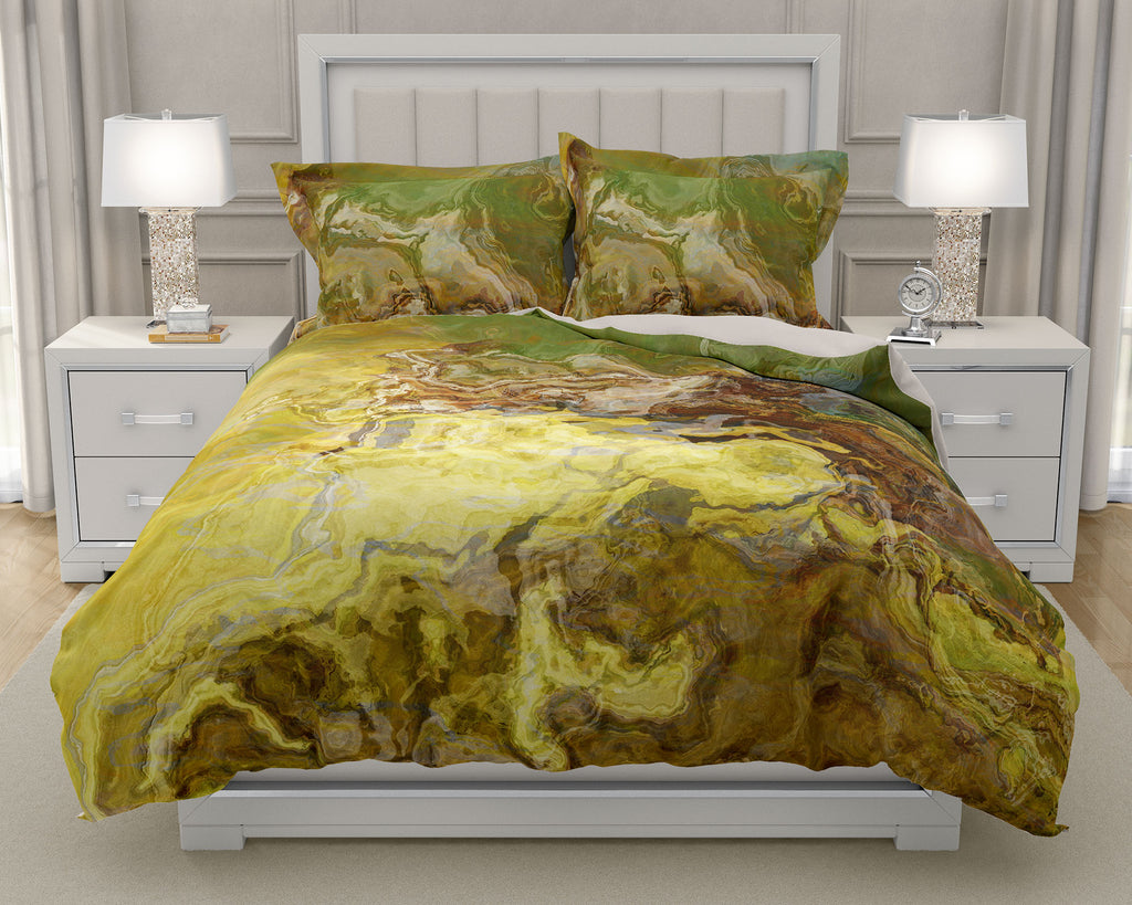 Duvet Cover with abstract art, king or queen in olive green, brown