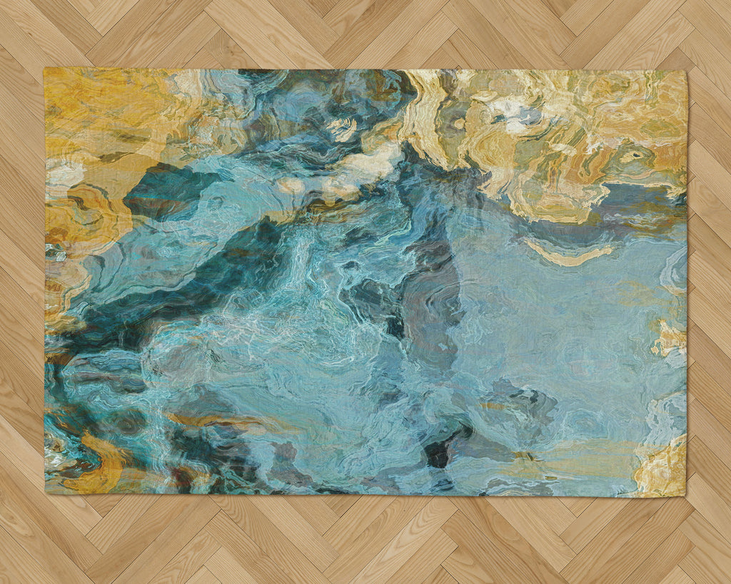 Area Rug with Abstract Art, 2x3 to 8x10, in Aqua, Yellow and Tan