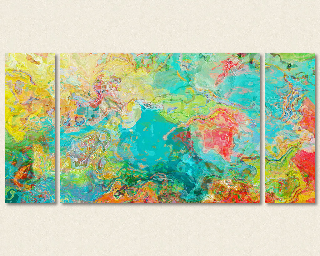 Abstract art triptych canvas print in aqua, red, green