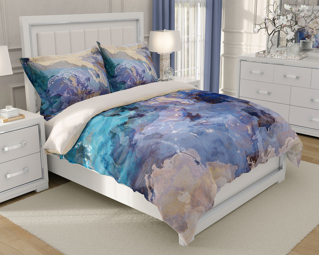Abstract art Duvet Cover, king or queen in blue, green and tan