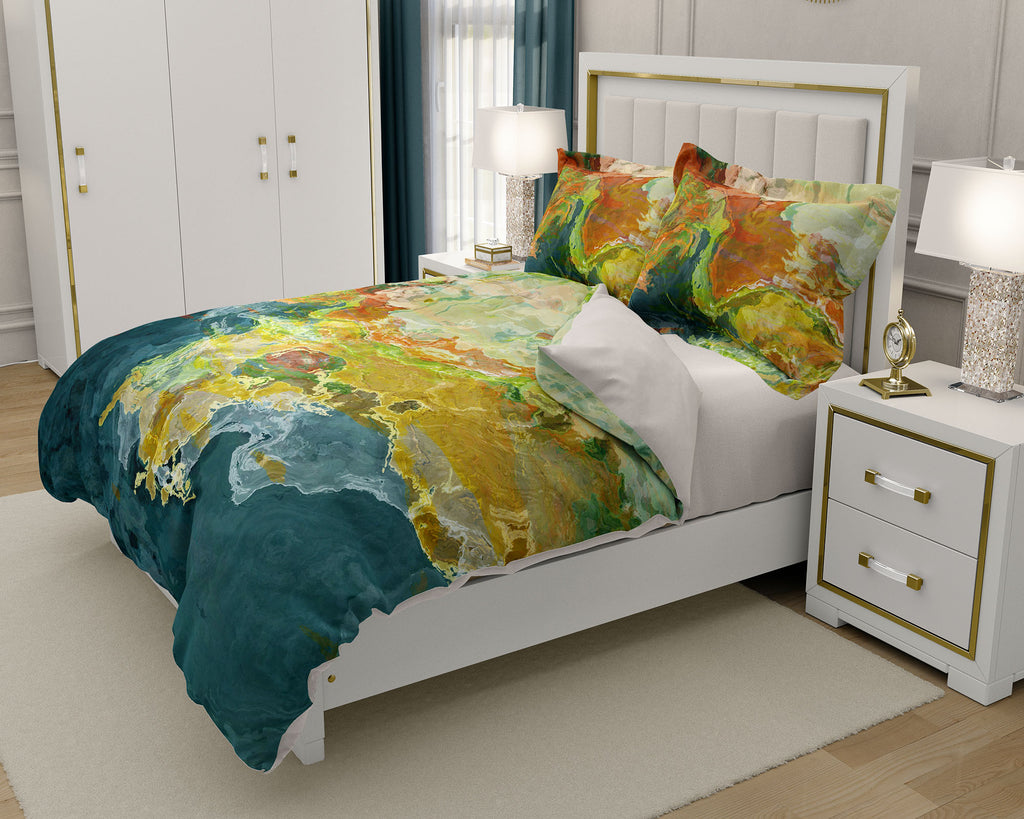 Duvet Cover with abstract art, king or queen in teal, orange and green