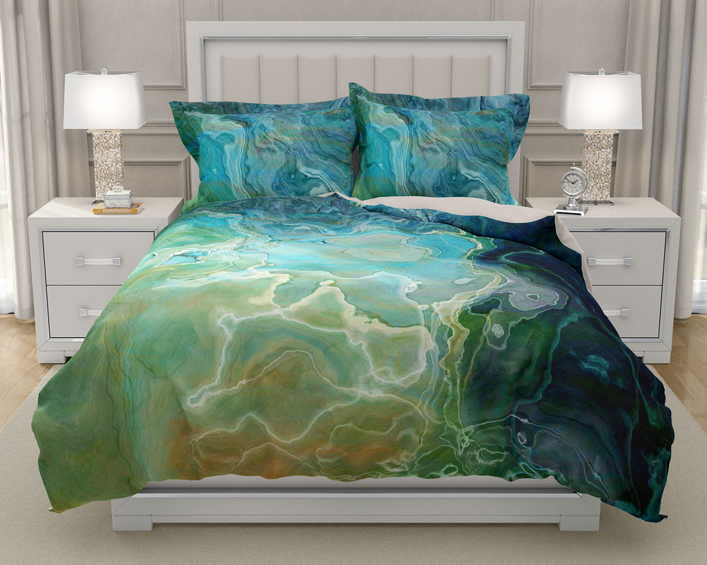 Duvet Cover with abstract art, king or queen, Blue, Aqua, Green, Navy