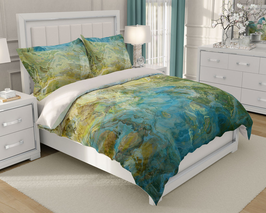 Duvet Cover with abstract art, king or queen in turquoise and green