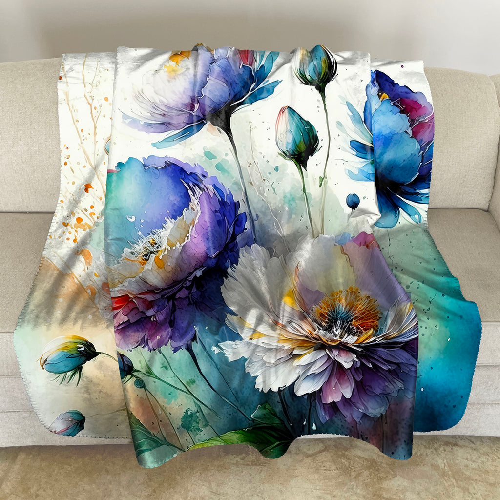 Floral Sherpa Fleece Throw, Blue and Purple Flower
