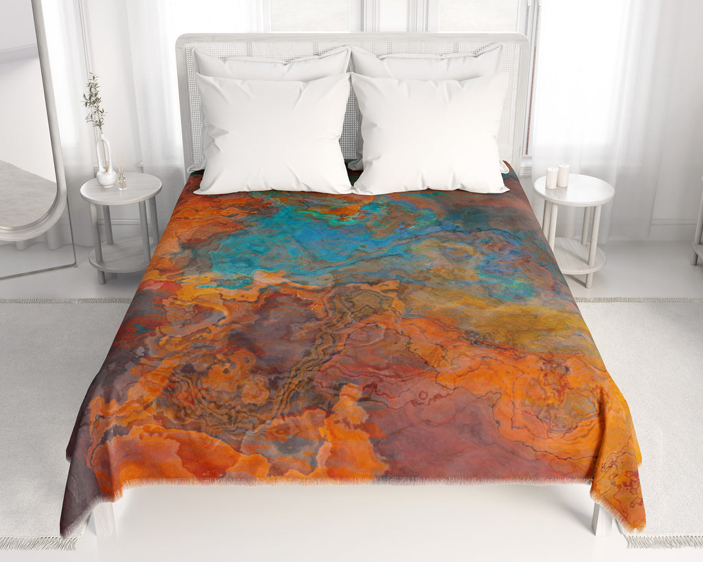Abstract Art Coverlet, Fringed Woven Blanket, Contemporary Bedspread Desert Fusion