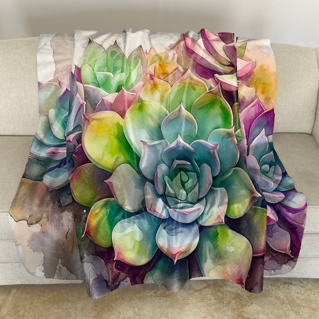 Floral Sherpa Fleece Throw, Succulents Echeveria