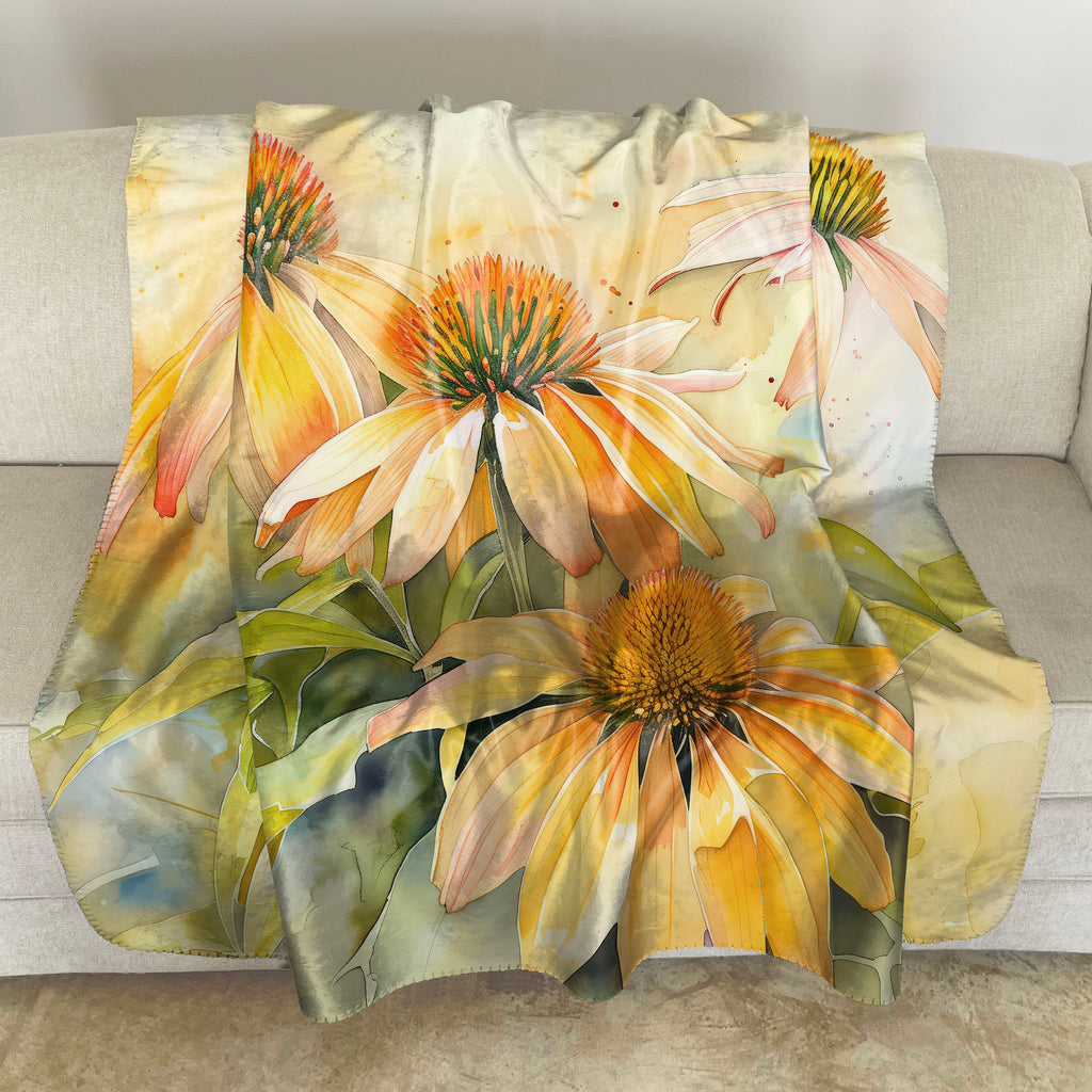 Floral Sherpa Fleece Throw, Echinacea Coneflower