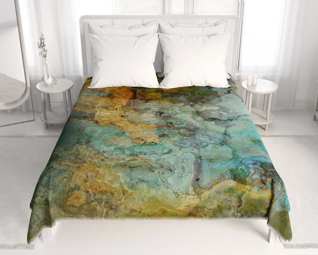 Abstract Art Coverlet, Fringed Woven Blanket, Contemporary Bedspread Kinetic